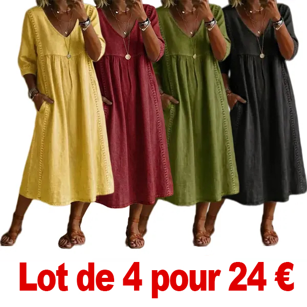 ⏰VENTE FINALE⚡Lot de 14 pour 34.99 €⚡Damen Freizeitkleid aus Leinen-Baumwoll-Mix mit lockerer Passform, Patchwork und Spitzenbesatz