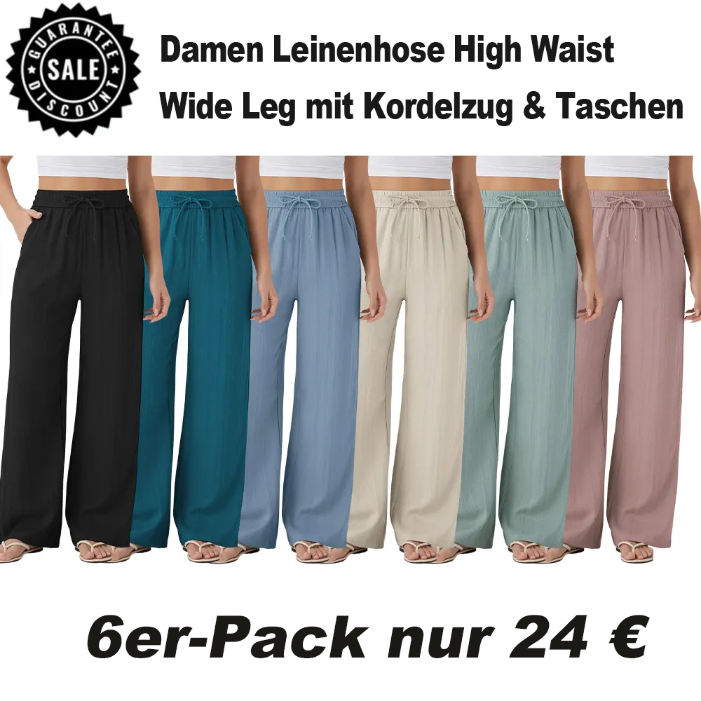 ⏰Räumungsverkauf⚡16er-Pack für 38 €⚡Damen Leinenhose High Waist Wide Leg mit Kordelzug & Taschen