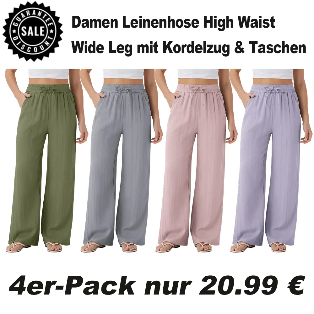 ⏰Räumungsverkauf⚡16er-Pack für 38 €⚡Damen Leinenhose High Waist Wide Leg mit Kordelzug & Taschen