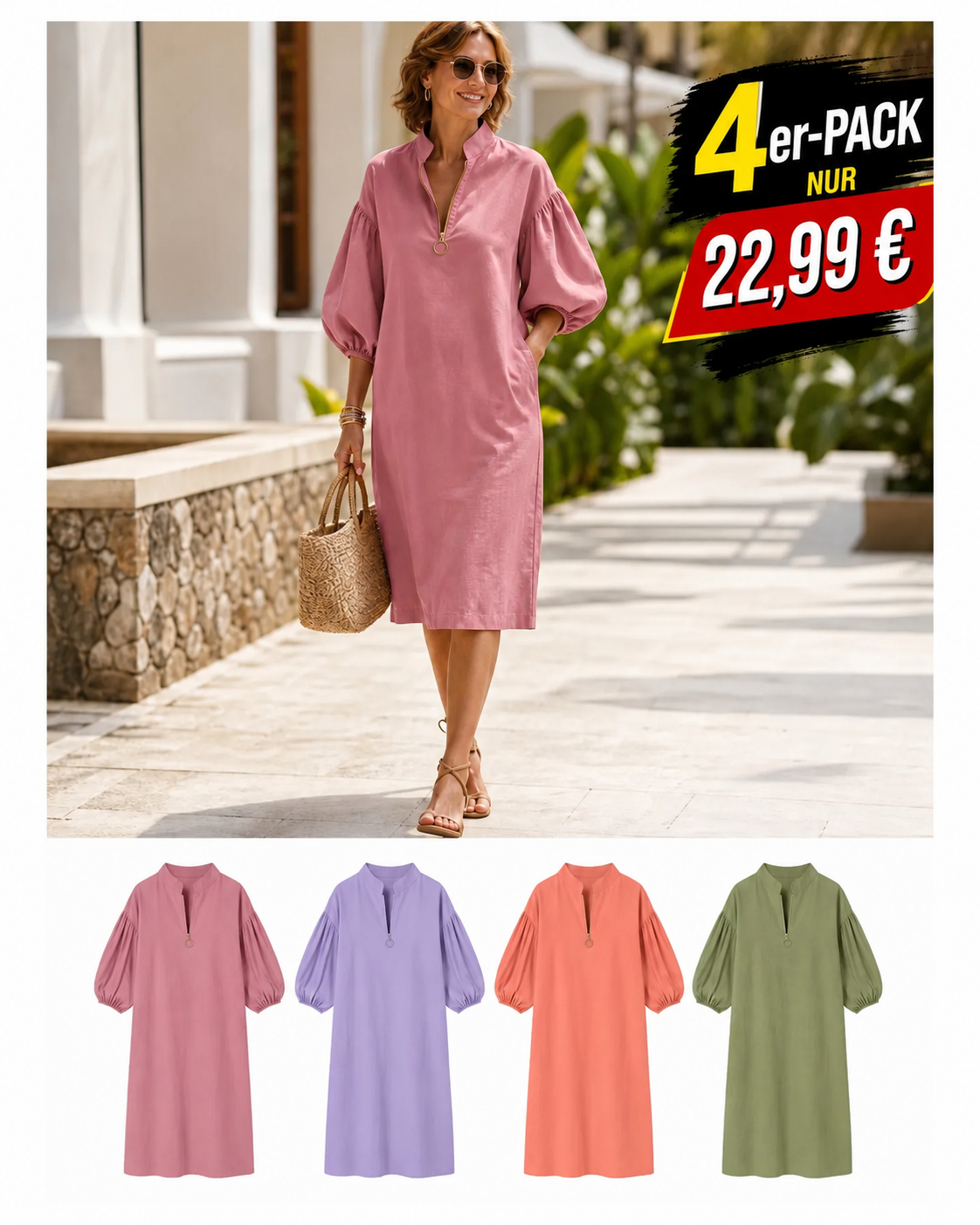 Damenkleid aus Baumwoll-Leinen mit Stehkragen und Ballonärmeln