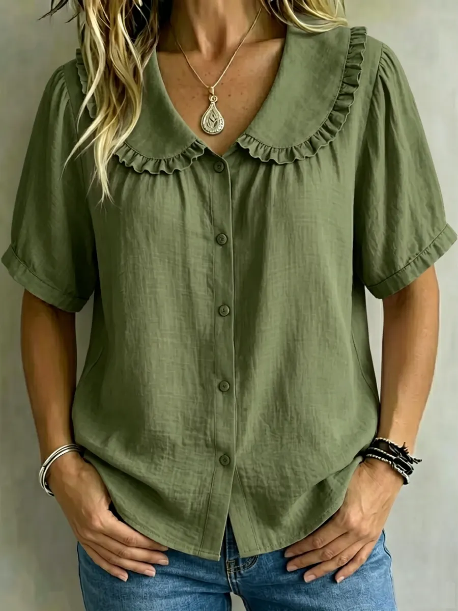 8 Pack Only$32.99-🔥 Women's Ruffle Trim Collared Button-Up Short Sleeve Shirt