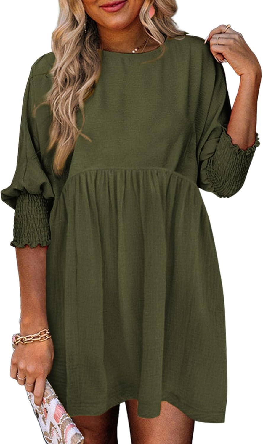 Dokotoo Womens Casual Dresses Empire Waist 3/4 Sleeve Crew Neck Flowy Babydoll Mini Dress