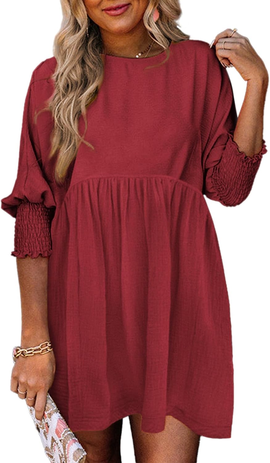 Dokotoo Womens Casual Dresses Empire Waist 3/4 Sleeve Crew Neck Flowy Babydoll Mini Dress