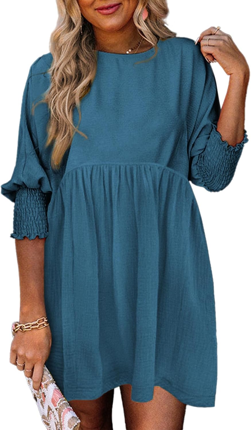 Dokotoo Womens Casual Dresses Empire Waist 3/4 Sleeve Crew Neck Flowy Babydoll Mini Dress