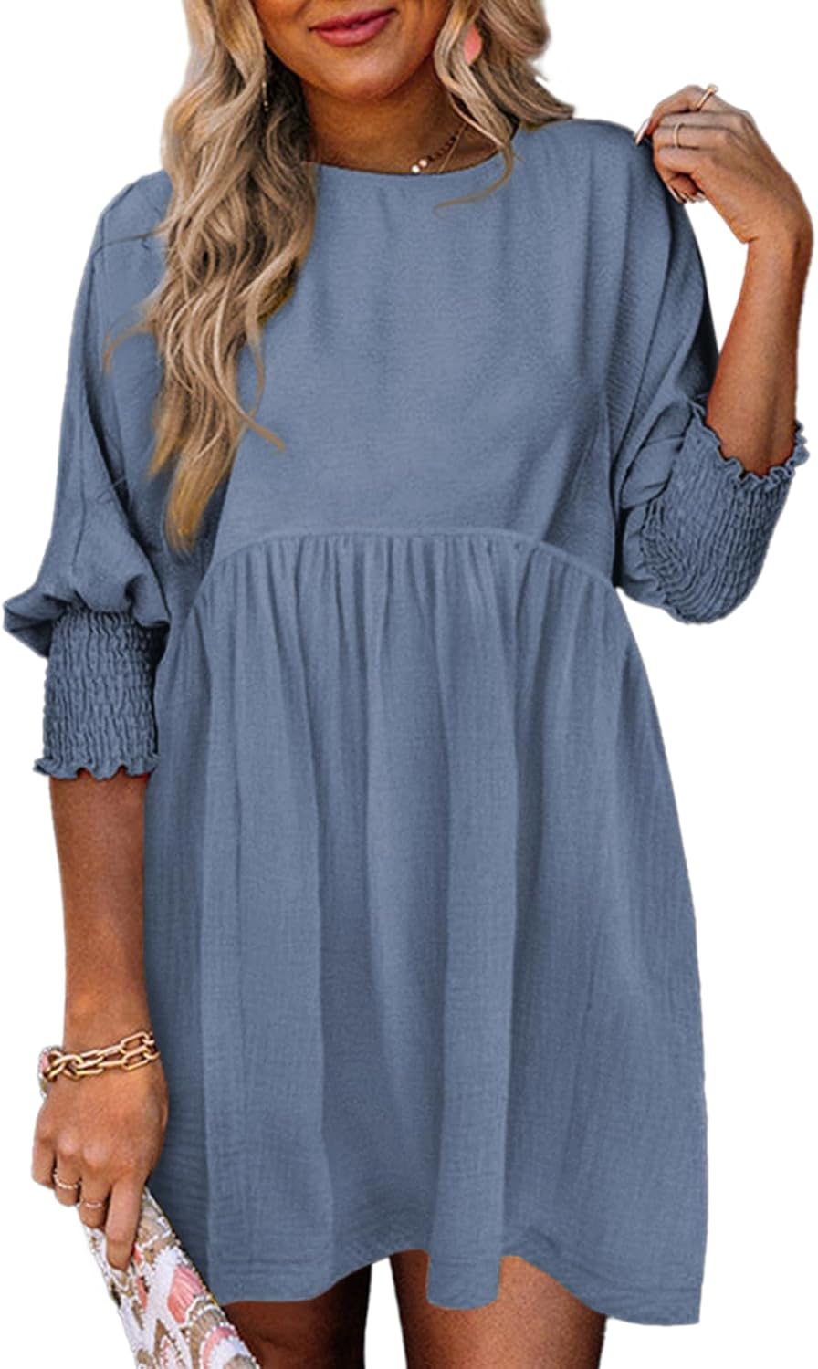 Dokotoo Womens Casual Dresses Empire Waist 3/4 Sleeve Crew Neck Flowy Babydoll Mini Dress
