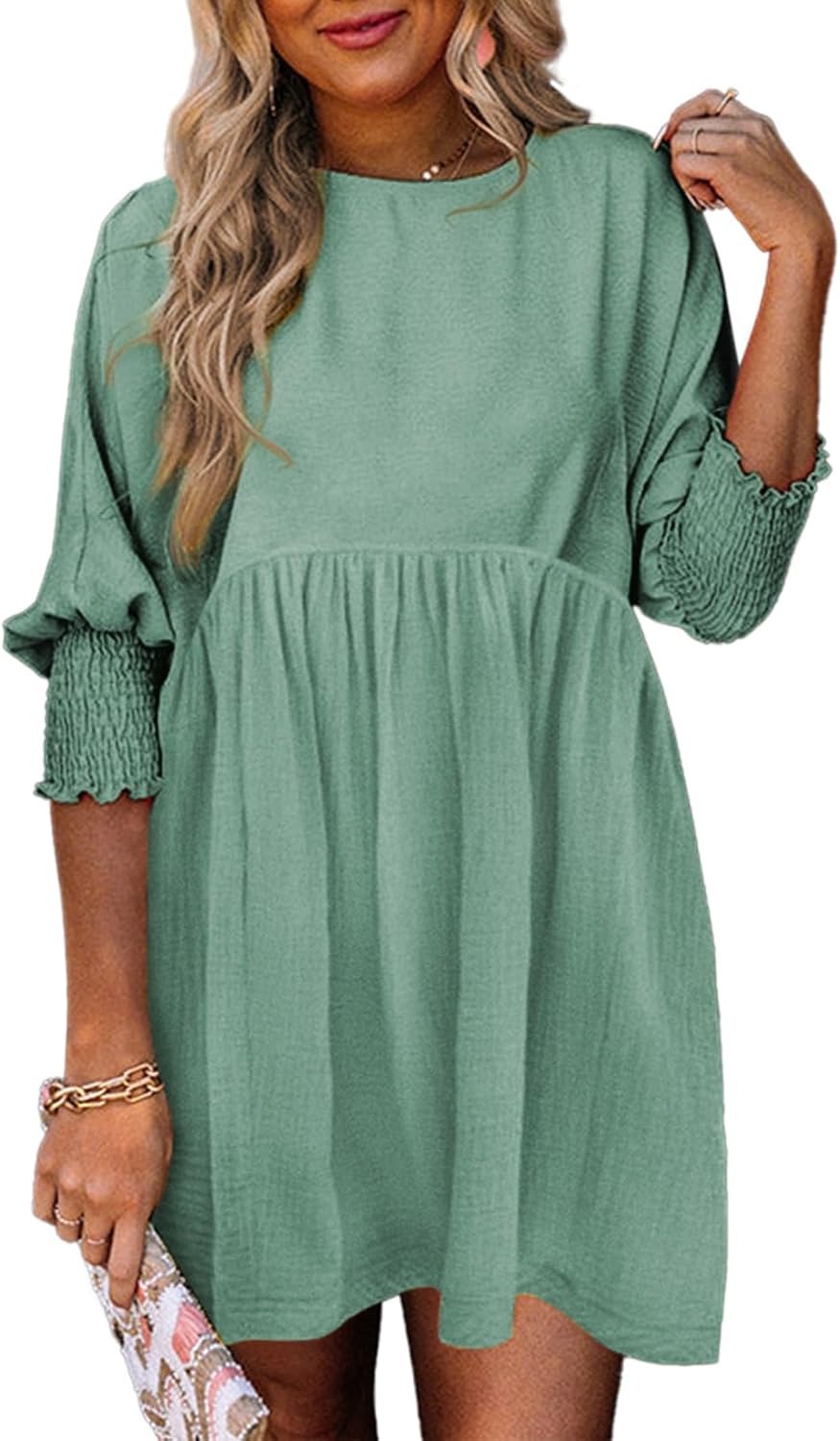 Dokotoo Womens Casual Dresses Empire Waist 3/4 Sleeve Crew Neck Flowy Babydoll Mini Dress