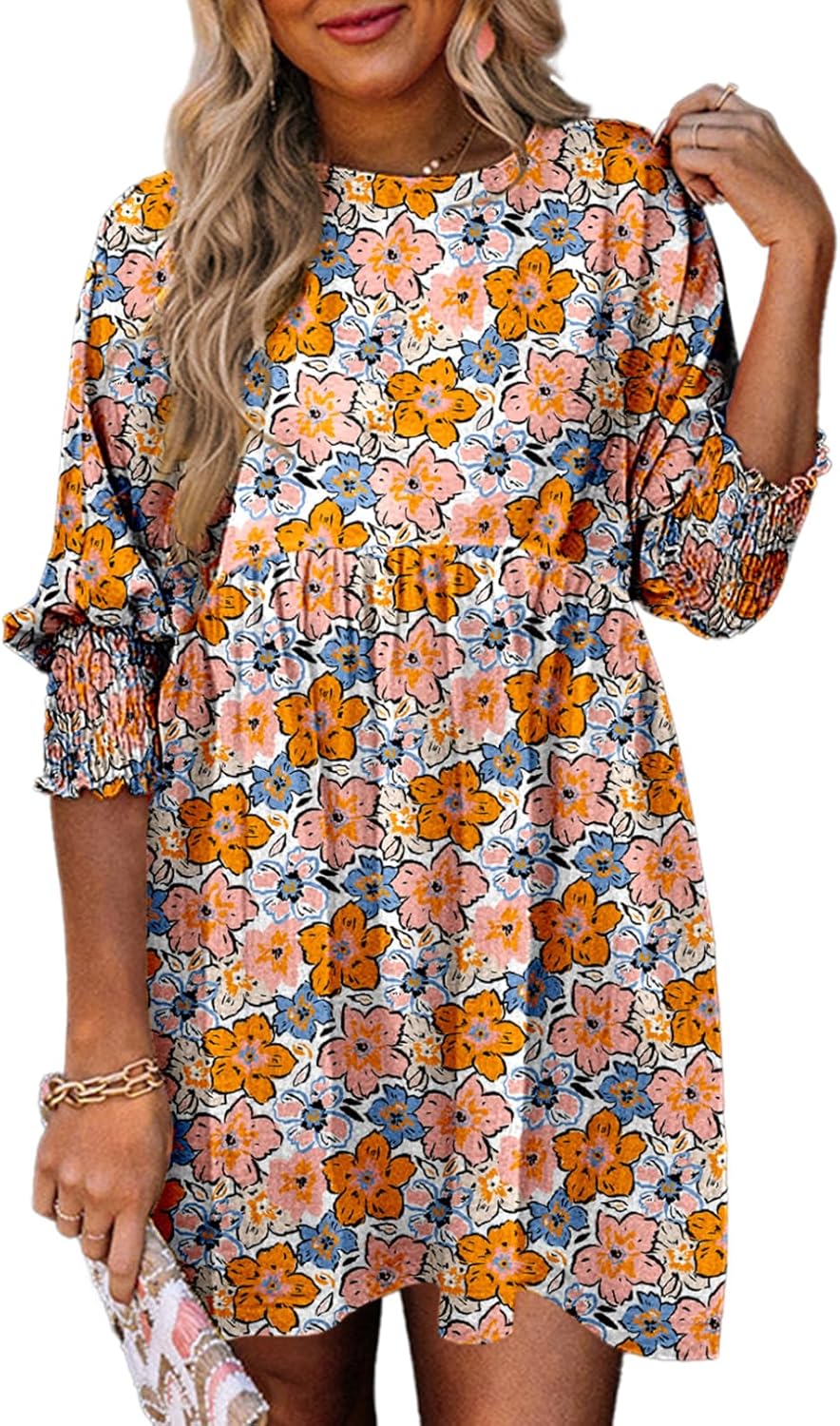Dokotoo Womens Casual Dresses Empire Waist 3/4 Sleeve Crew Neck Flowy Babydoll Mini Dress