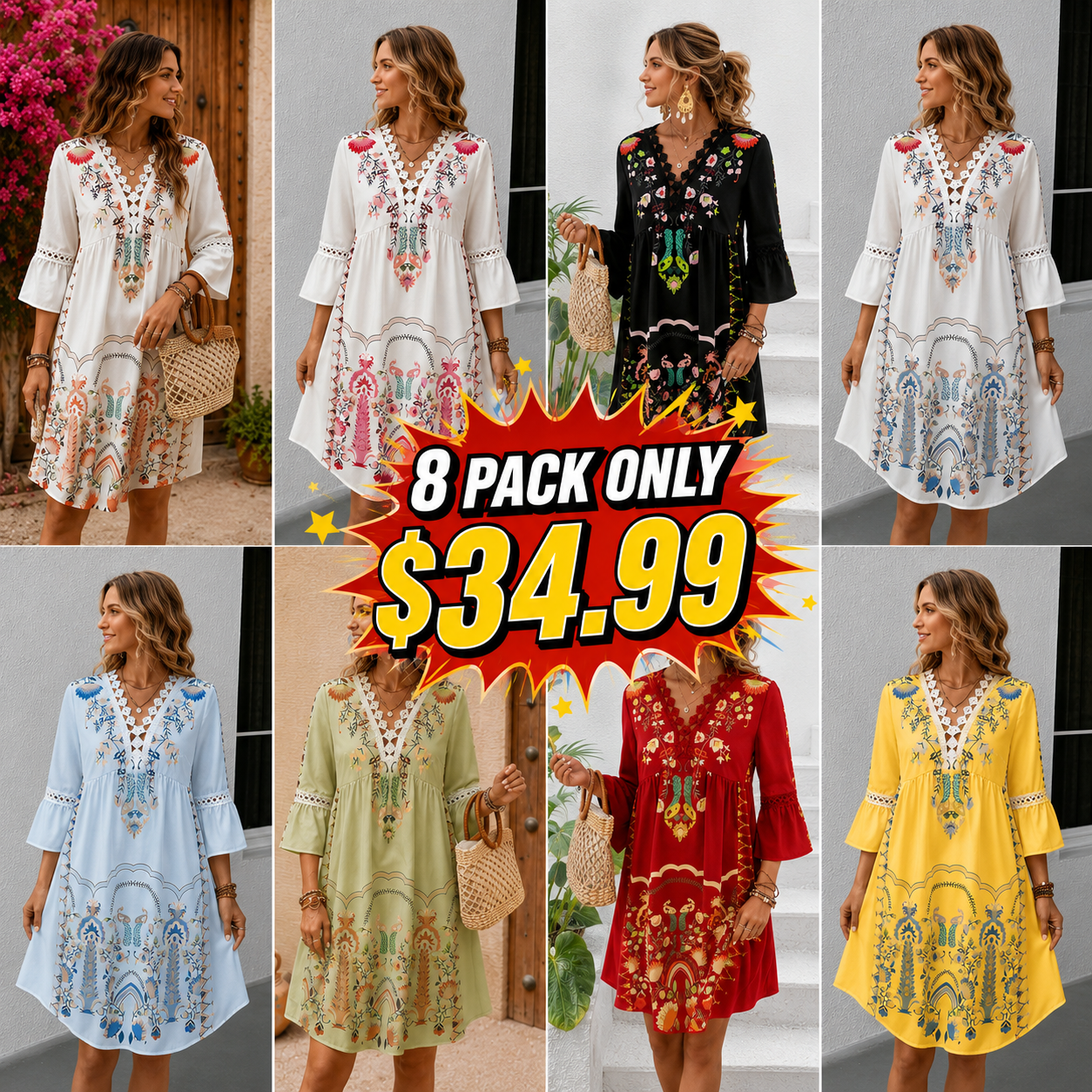 Lace Detail Printed Three-Quarter Sleeve Dress