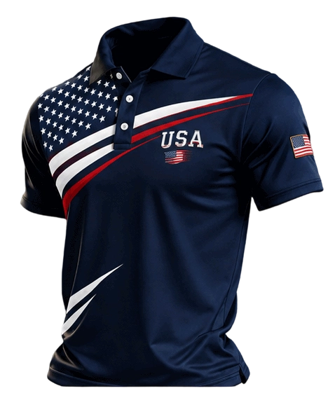 Men's Retro Patriotic Color-Block Short-Sleeve Polo Shirt