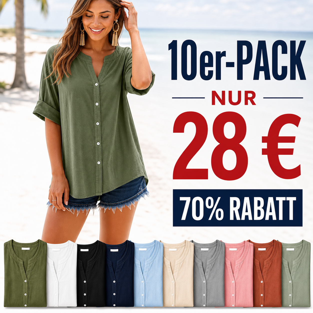 ⏰ Räumungsverkauf ⚡10er-Pack für 28 €⚡ Lockere Damen-Henley-Bluse