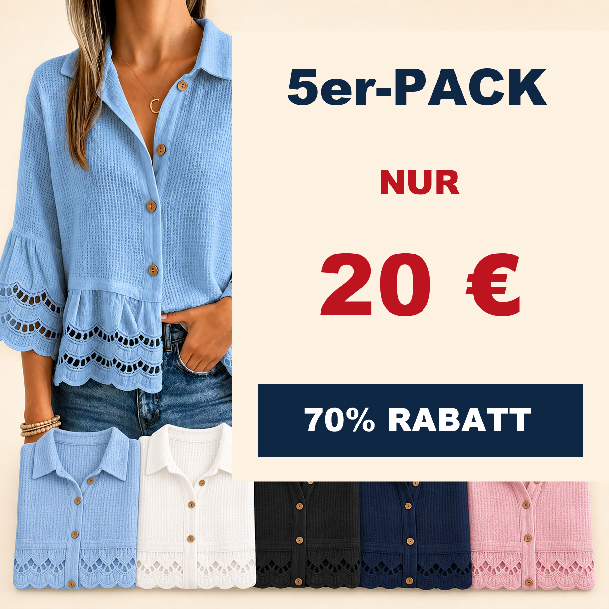 ⏰Räumungsverkauf⚡10er-Pack für 28 €⚡ Damenbluse mit Knopfleiste und Spitzenbesatz