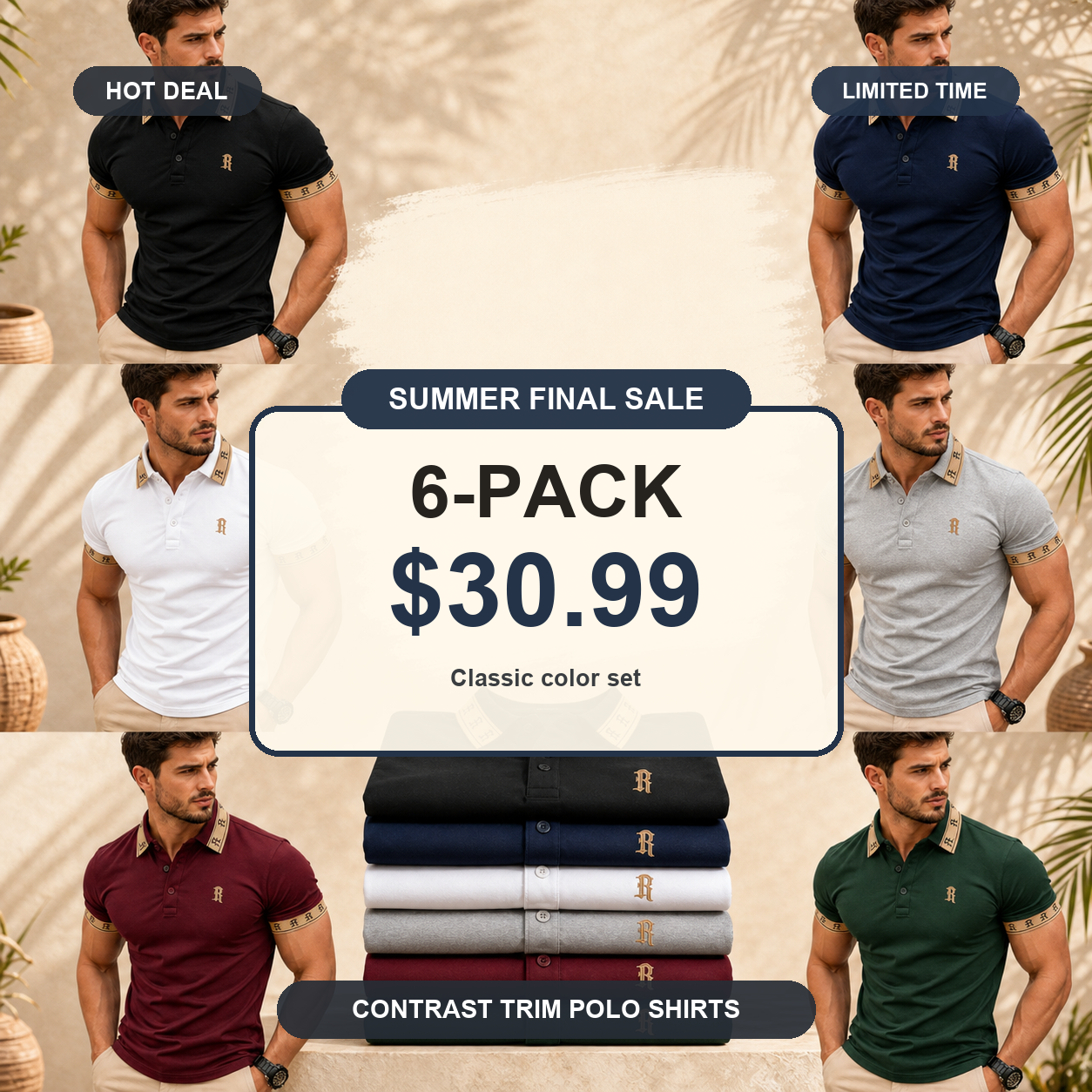 Men's Contrast Trim Monogram Short Sleeve Polo Shirt