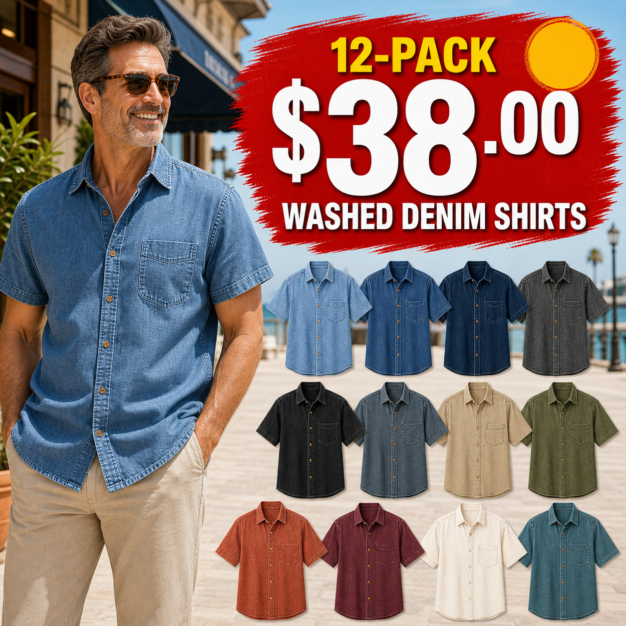 Men's Short Sleeve Washed Denim Button-Up Shirts