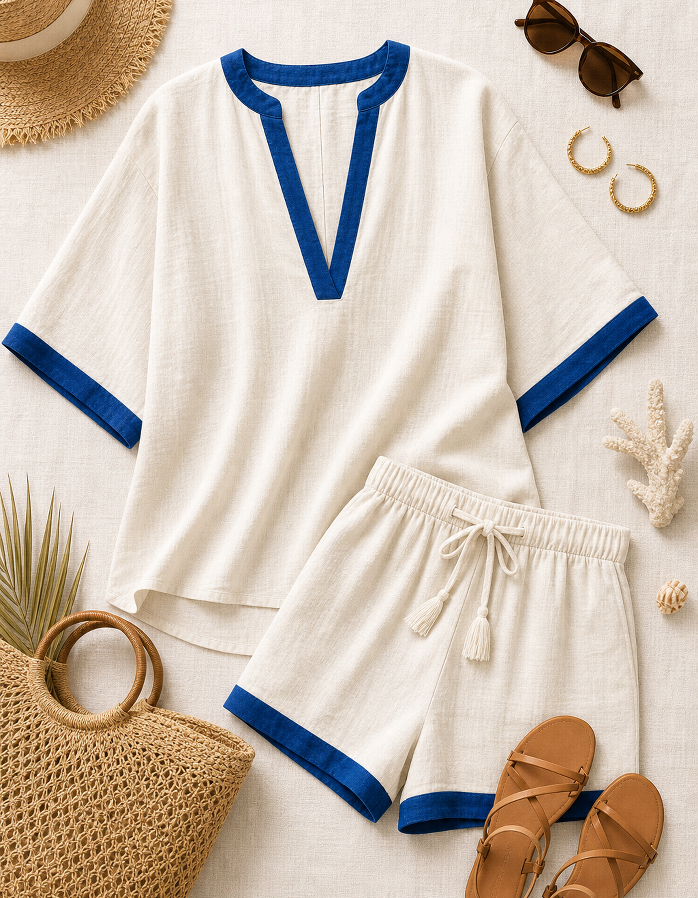 Women's Contrast Trim Linen Blend Top and Shorts Two-Piece Sets