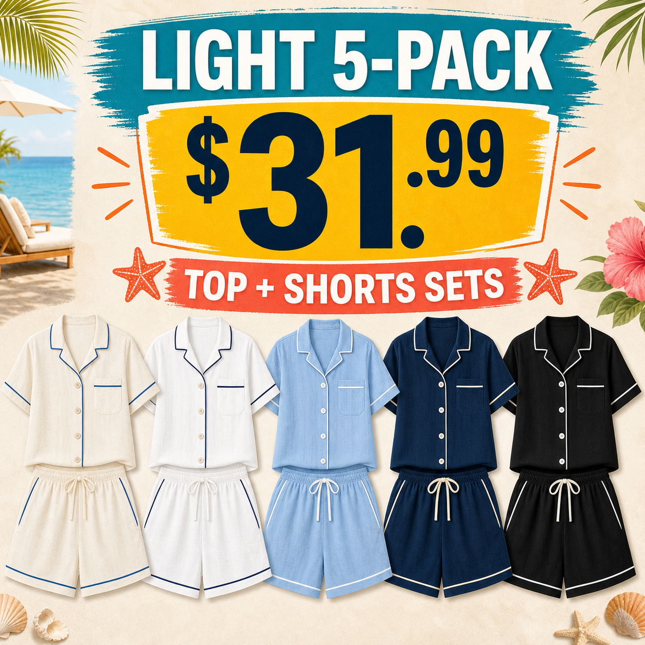 Light 5-Pack - Women's Contrast Trim Linen Blend Top and Shorts Two-Piece Sets