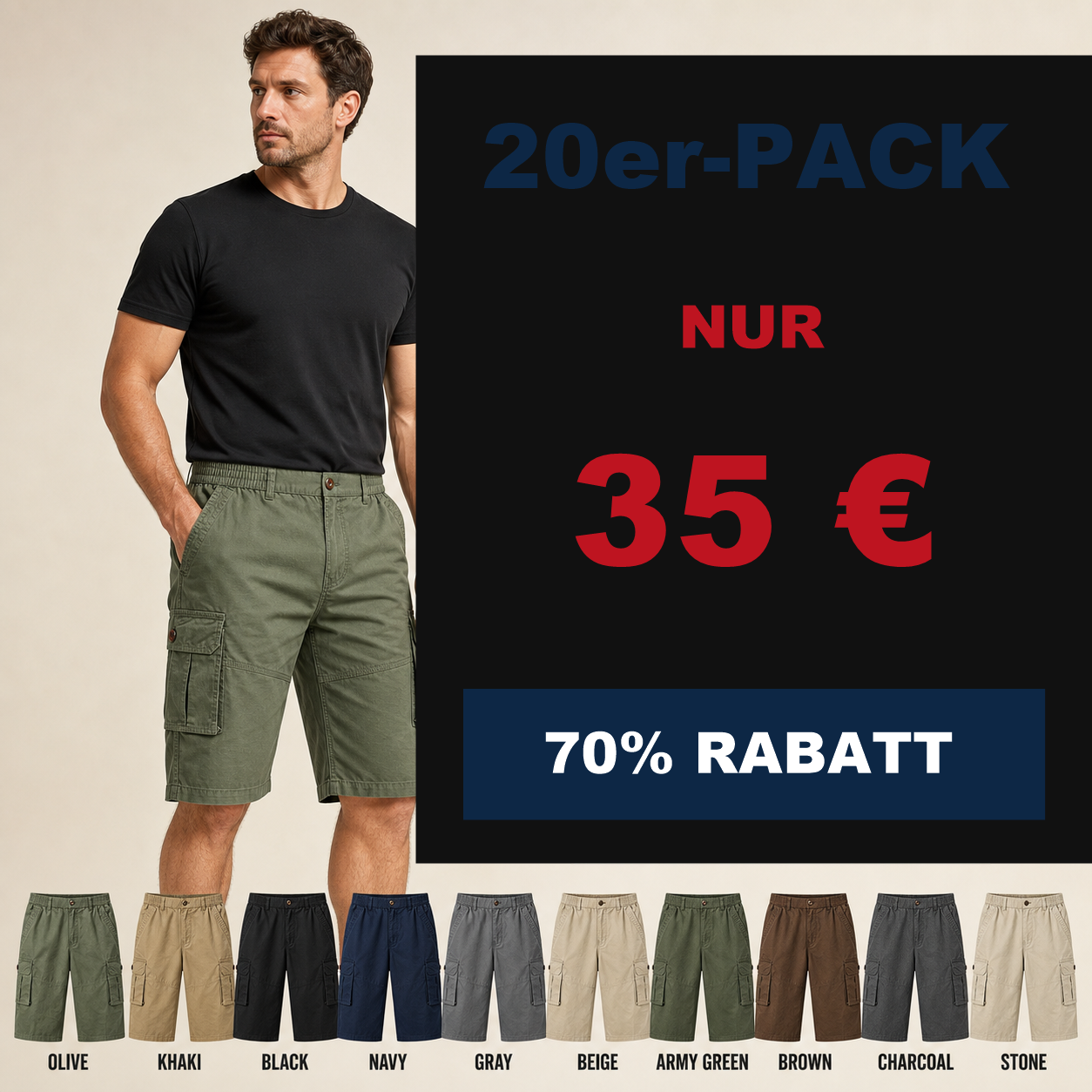 ⏰Räumungsverkauf⚡10er-Pack für 28 €⚡ Herren-Cargo-Shorts mit elastischem Bund