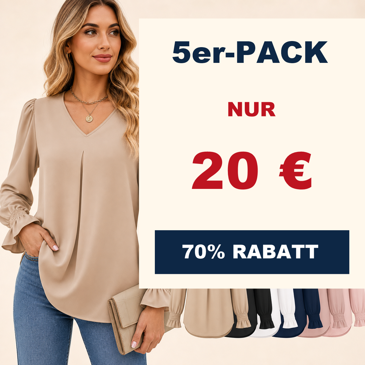 ⏰Räumungsverkauf⚡10er-Pack für 28 €⚡ Damenbluse mit V-Ausschnitt und Plisseeärmeln