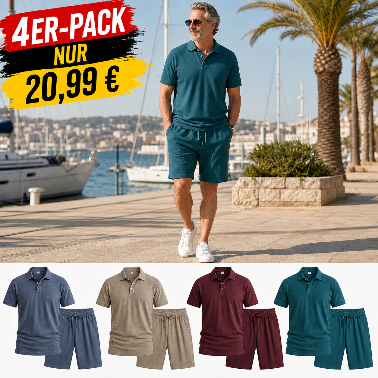 ⏰Räumungsverkauf⚡12er-Pack nur 33,86 €⚡Lockeres Herren-Poloshirt- und Shorts-Set
