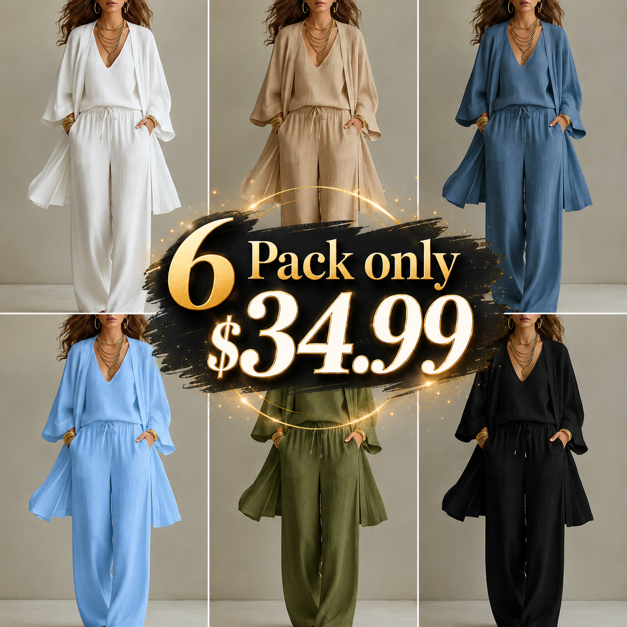Women's Minimalist Cotton And Linen Wide-leg Pants Three-piece Set