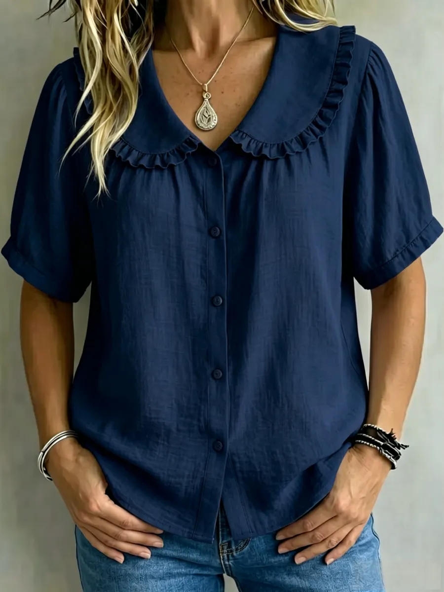 8 Pack Only$32.99-🔥 Women's Ruffle Trim Collared Button-Up Short Sleeve Shirt