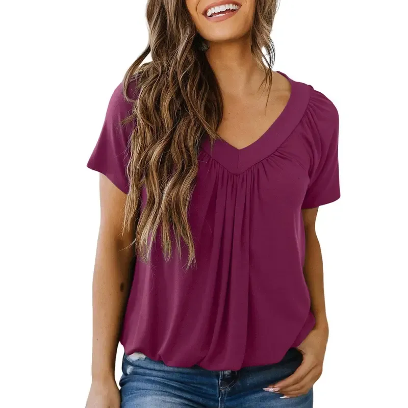 Women's Casual Summer Short Sleeve V-neck Tops T-shirts - Loose Fit & Comfortable Shirring Top