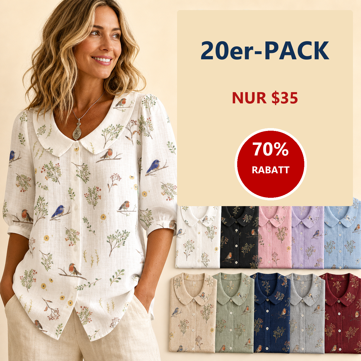 ⏰Räumungsverkauf⚡10er-Pack für 28 €⚡ Damenbluse mit Vogel- und Pflanzenprint und rundem Kragen