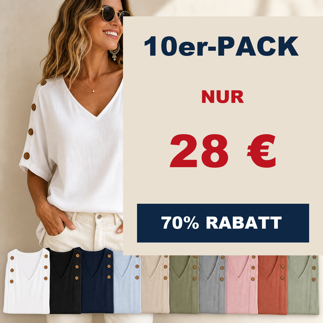⏰Räumungsverkauf⚡10er-Pack für 28 €⚡ Damenbluse mit V-Ausschnitt und Knopfärmeln