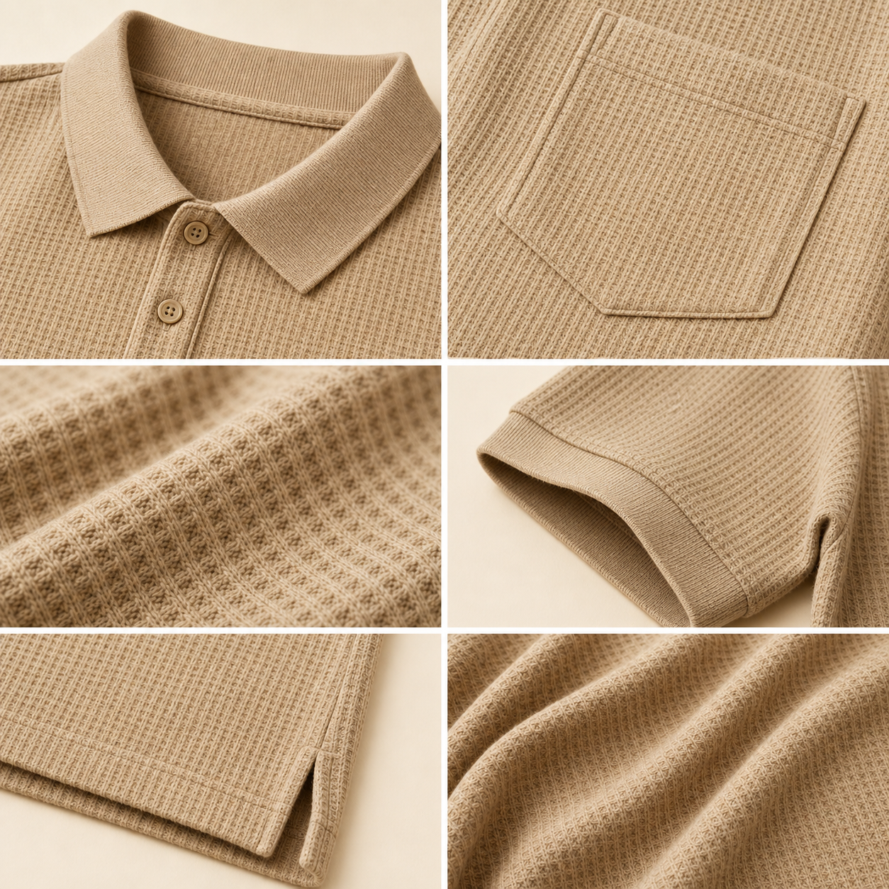 Men's textured waffle polo collar pocket stitching and fabric detail collage