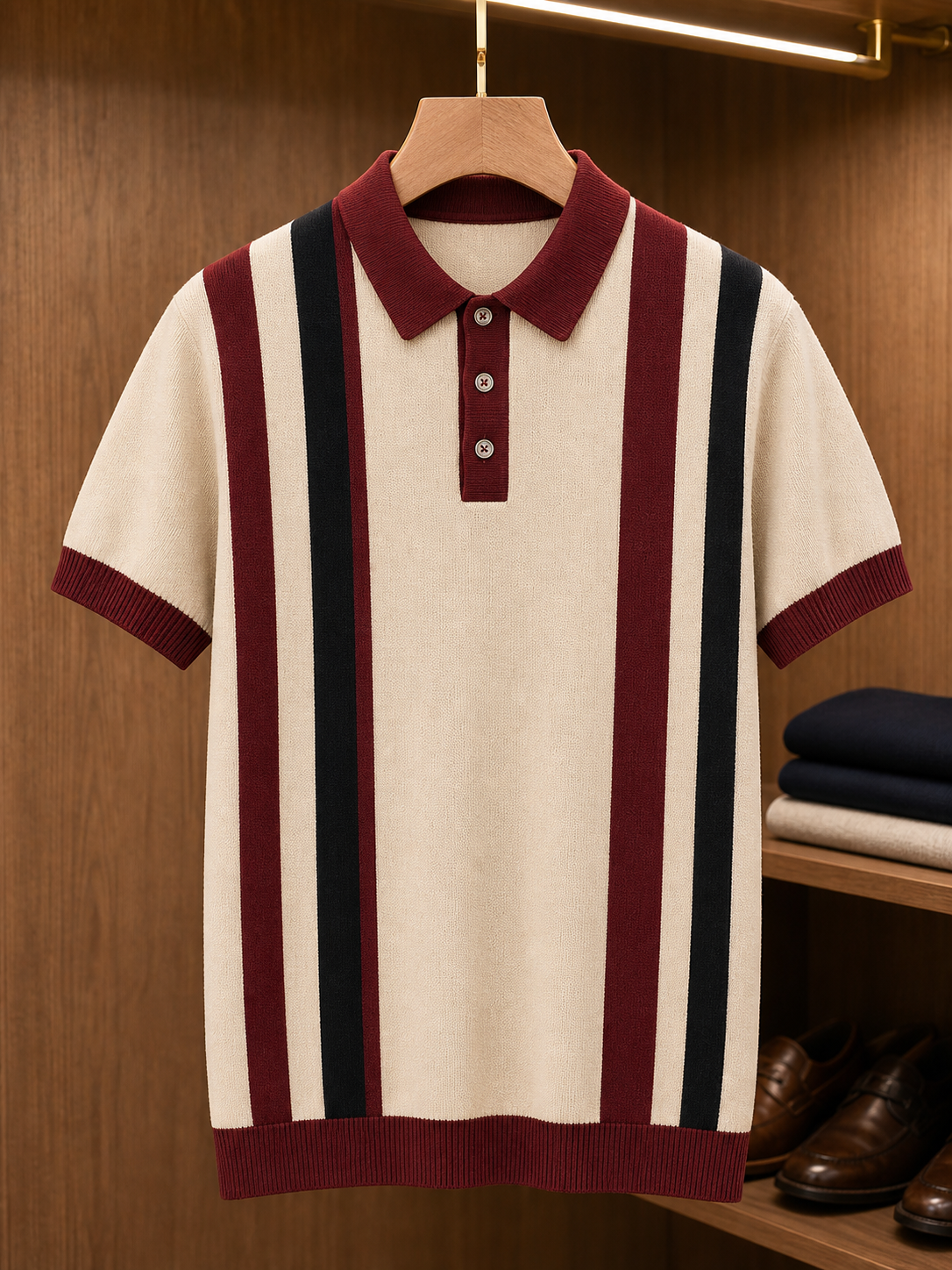 🔥CLEARANCE SALE🔥 Retro Stripe Knit Polo Shirt - Burgundy Black