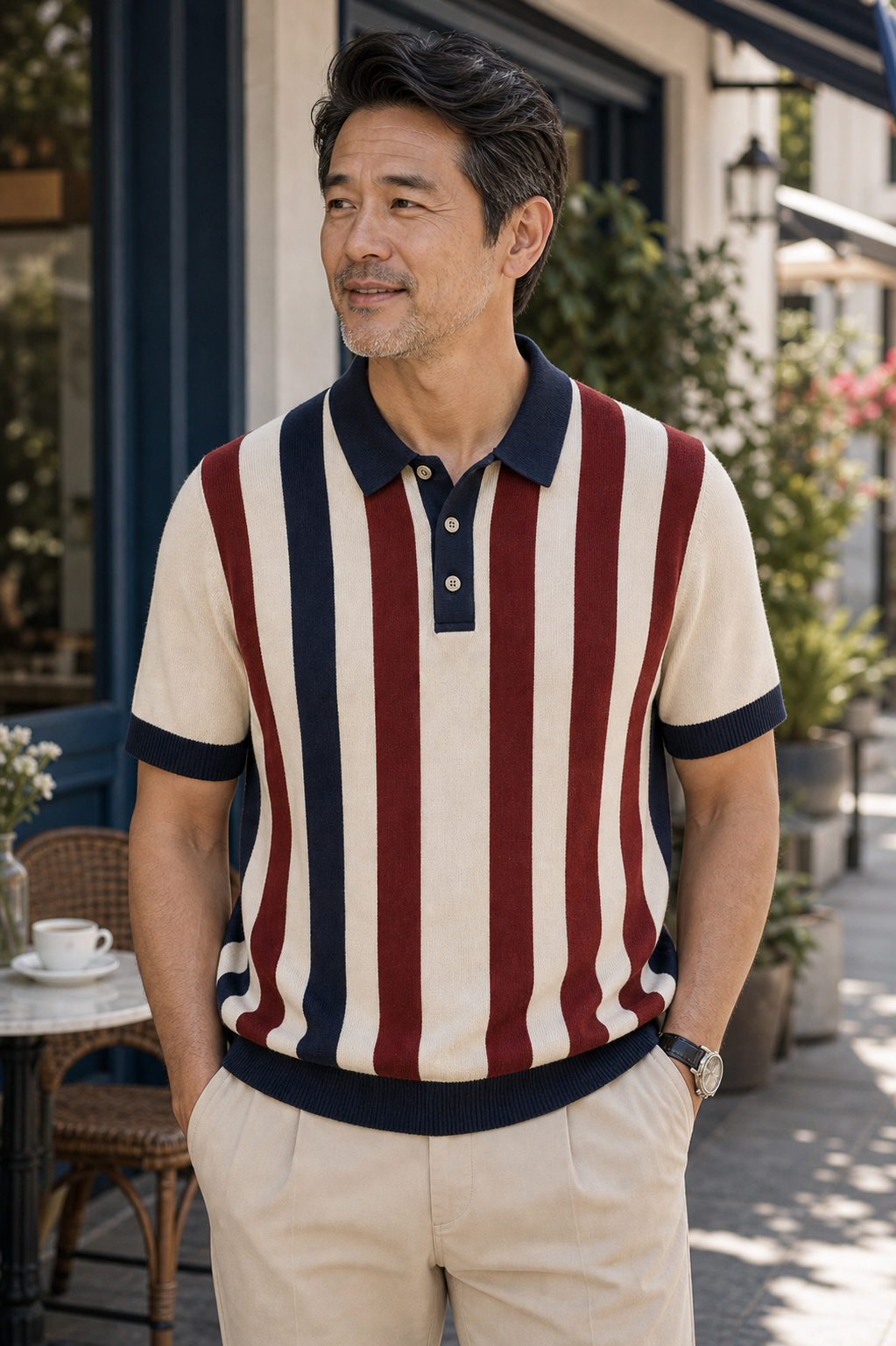 🔥CLEARANCE SALE🔥 Retro Stripe Knit Polo Shirt - Asian Model
