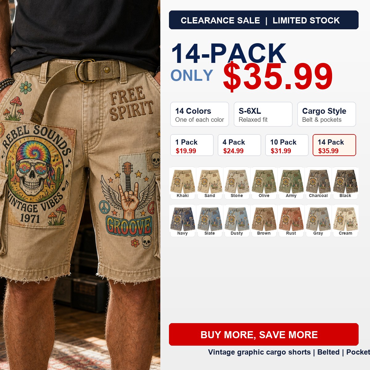 Men's vintage graphic cargo shorts - hero 14pack promo 1200