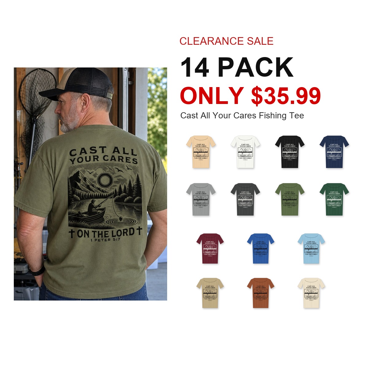 Revised 1200x1200 Men's Cast All Your Cares fishing tee - hero 14pack promo