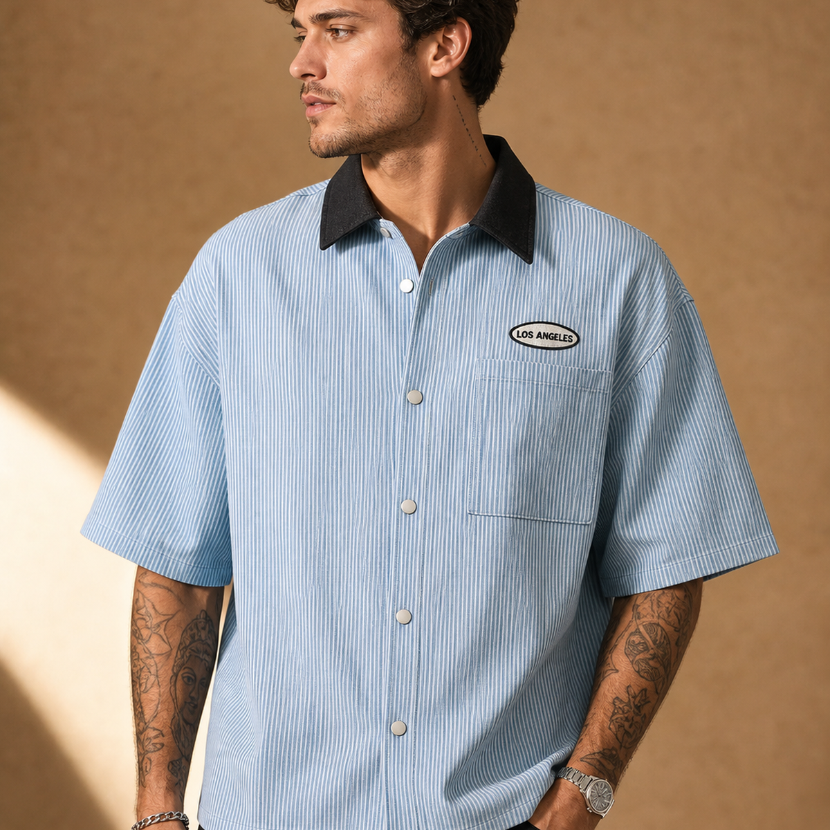 Men's striped button shirt light blue