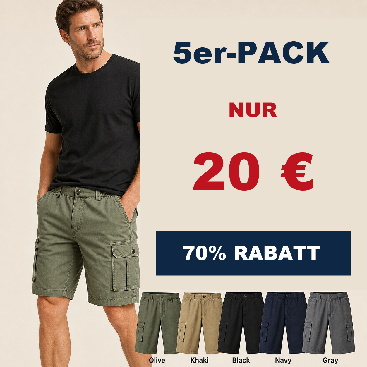 ⏰Räumungsverkauf⚡10er-Pack für 28 €⚡ Herren-Cargo-Shorts mit elastischem Bund