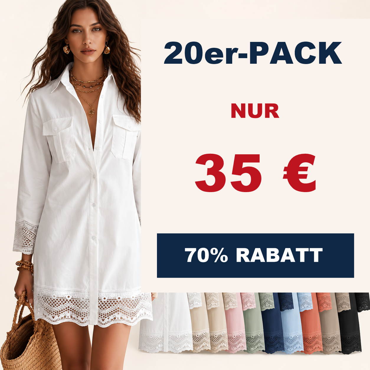 ⏰Räumungsverkauf⚡10er-Pack für 28 €⚡ Damen-Hemdkleid mit Knopfleiste und Spitzenbesatz