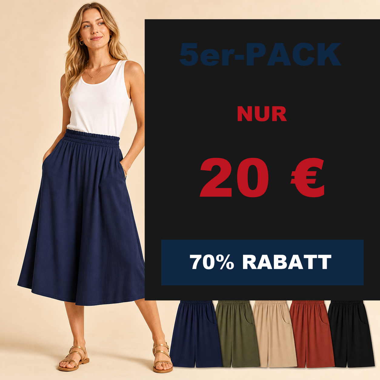 ⏰Räumungsverkauf⚡10er-Pack für 28 €⚡ Damen-Culotte-Midirock mit hoher Taille und weitem Bein