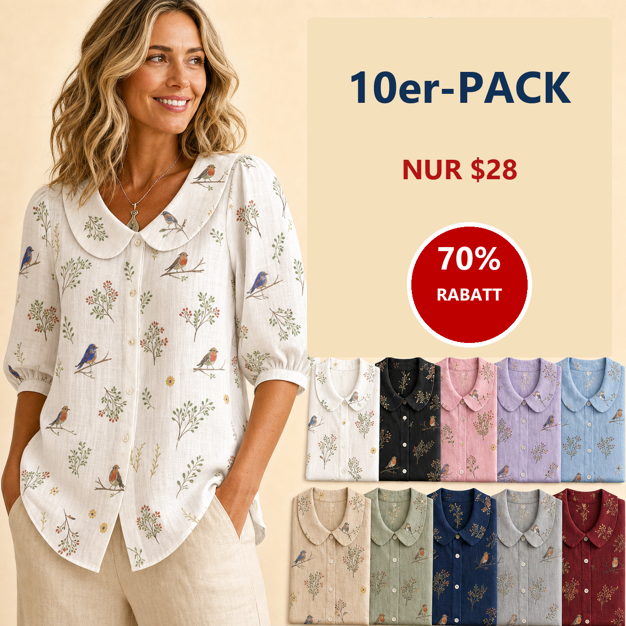 ⏰Räumungsverkauf⚡10er-Pack für 28 €⚡ Damenbluse mit Vogel- und Pflanzenprint und rundem Kragen