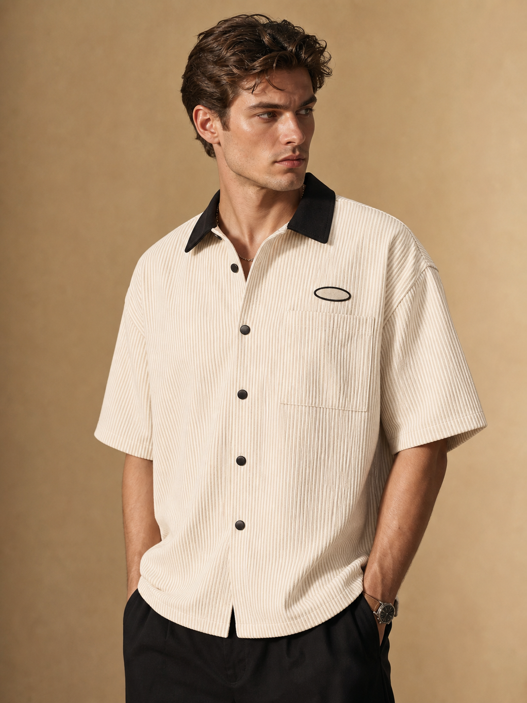 Beige men's striped button shirt