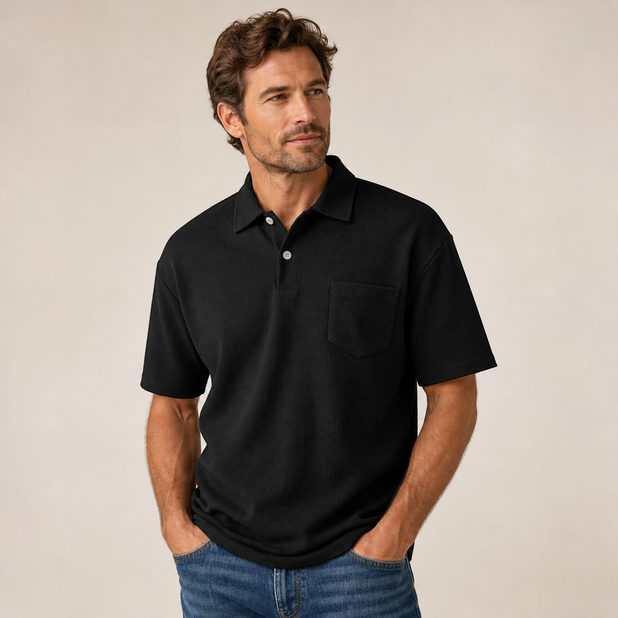 Black men's textured waffle pocket polo shirt
