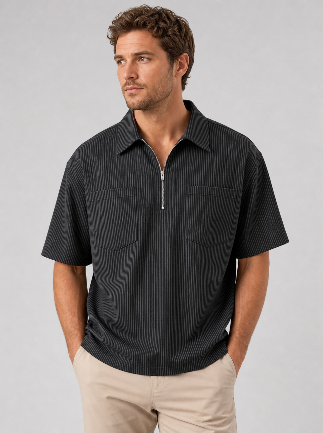 Black men's striped quarter zip shirt
