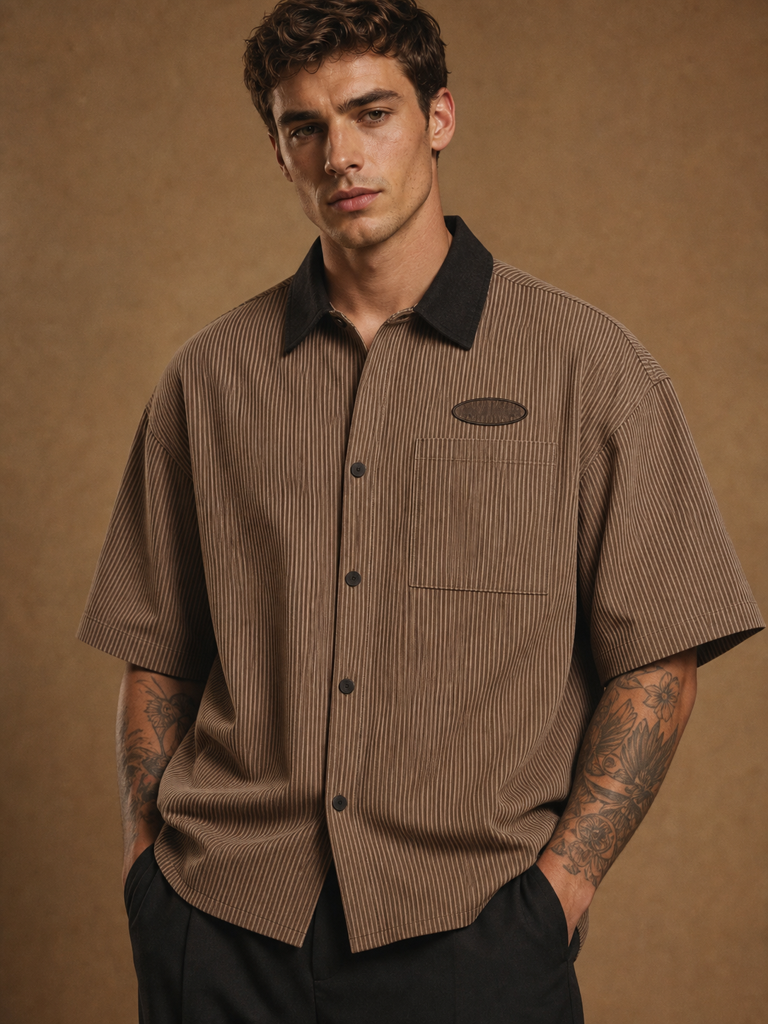 Brown men's striped button shirt