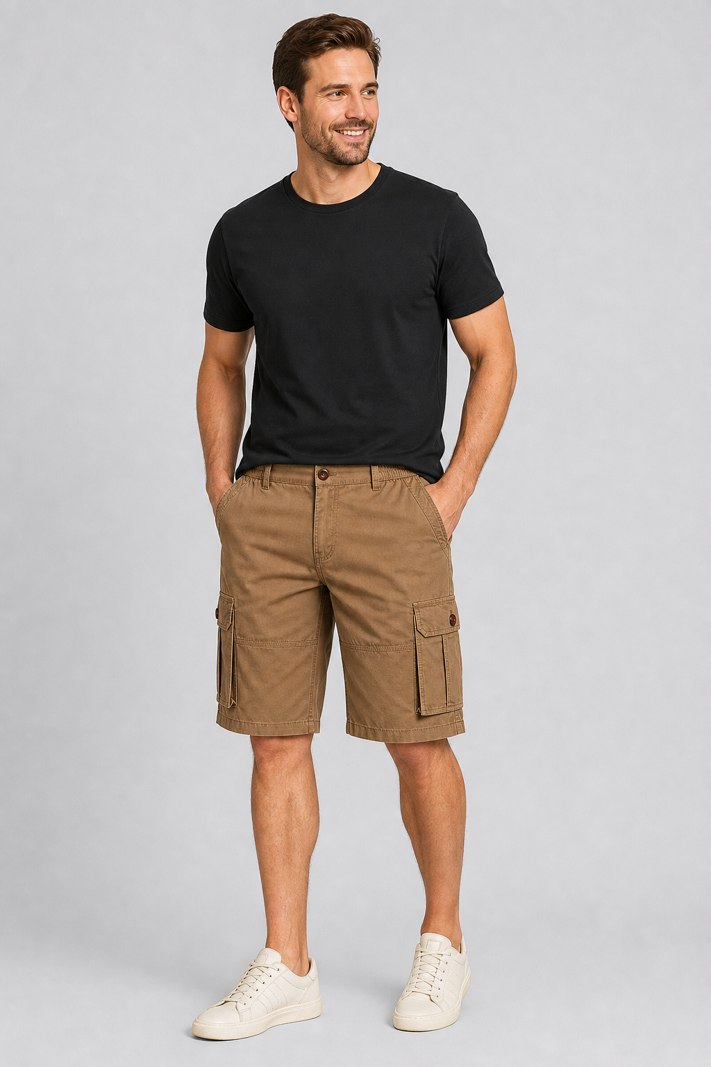 Brown men's elastic waist cargo shorts