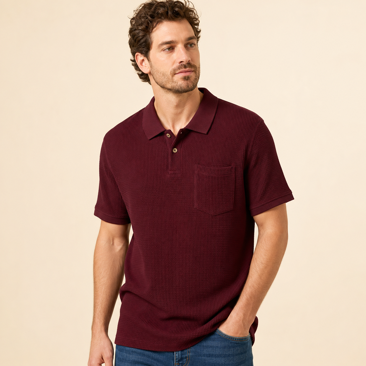 Burgundy men's textured waffle pocket polo shirt