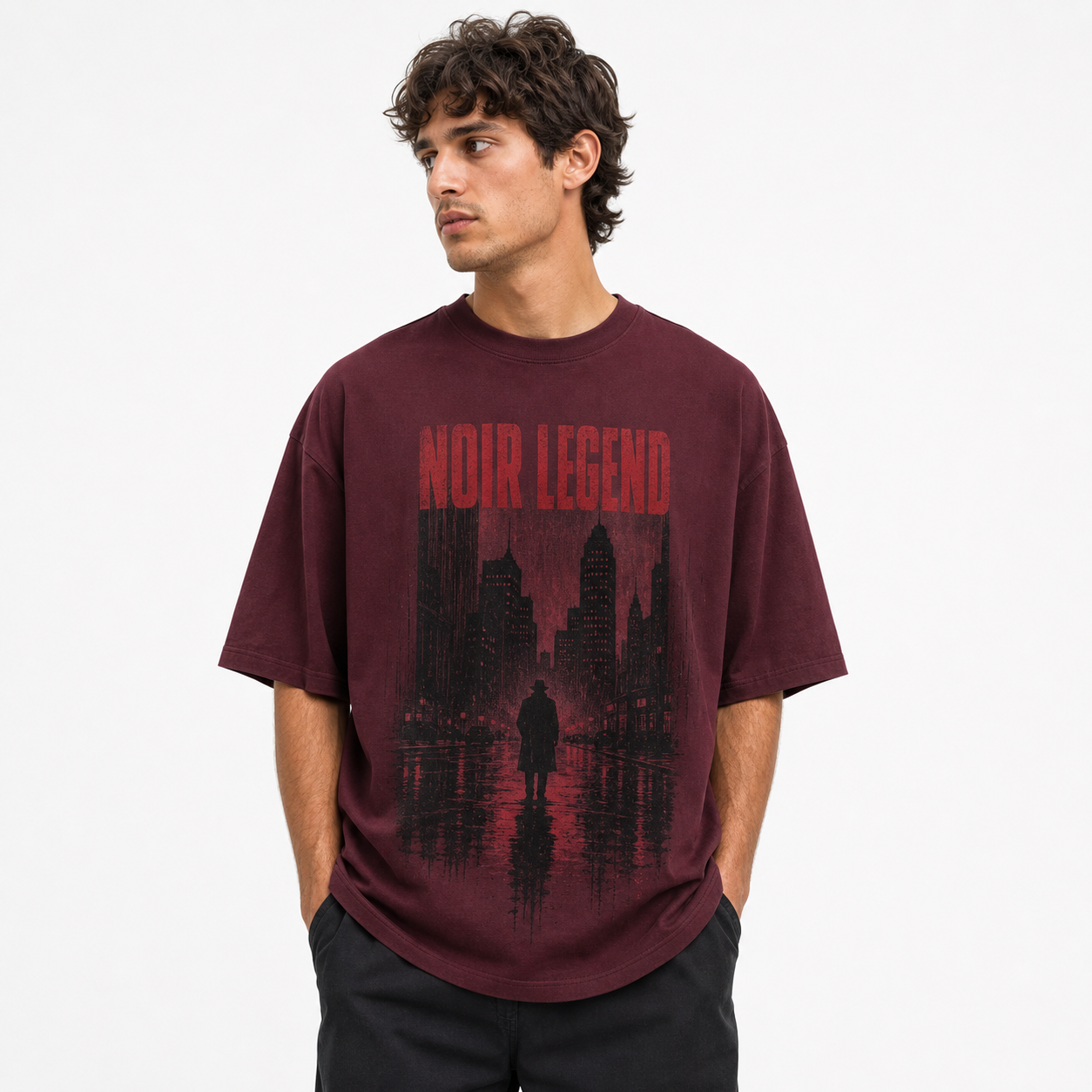 Burgundy men's vintage noir graphic tee