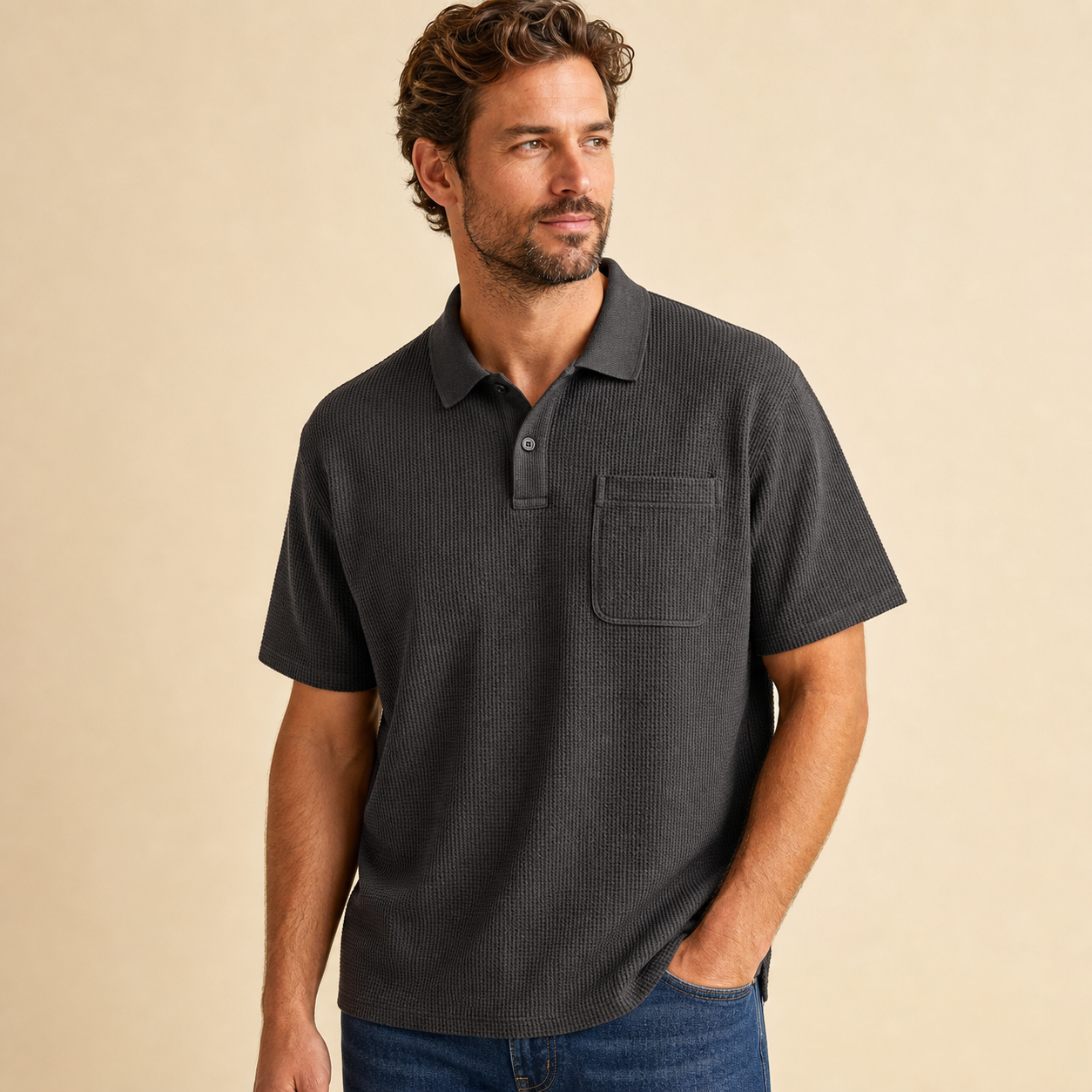 Charcoal men's textured waffle pocket polo shirt