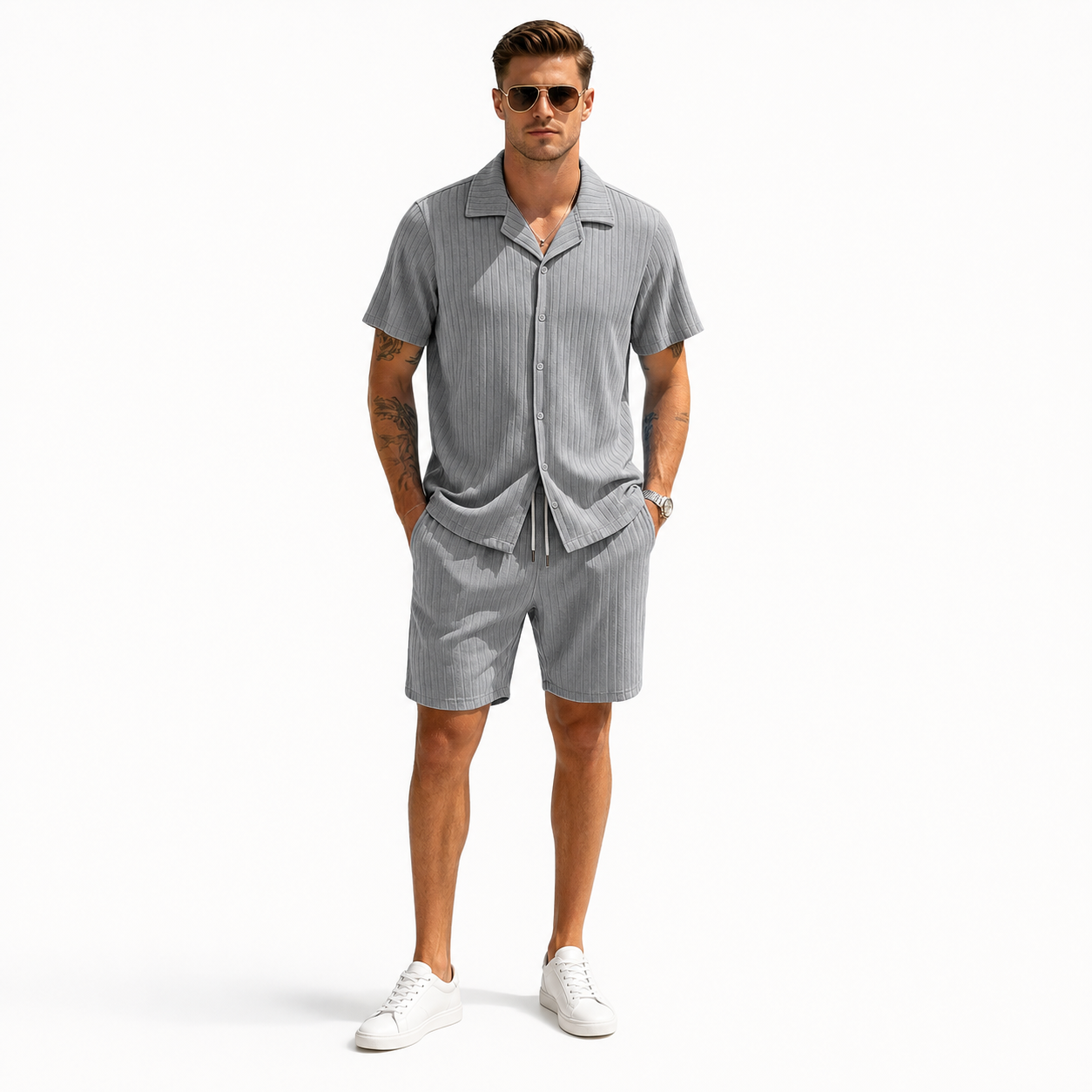 Gray men's ribbed shirt and shorts set