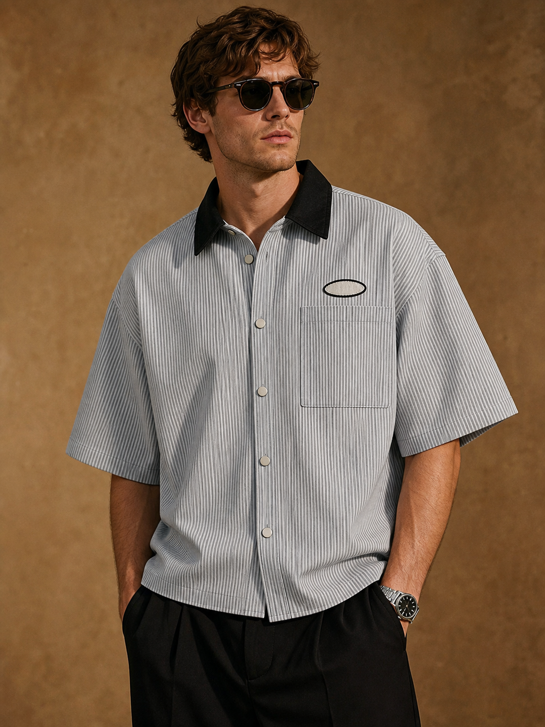Gray men's striped button shirt