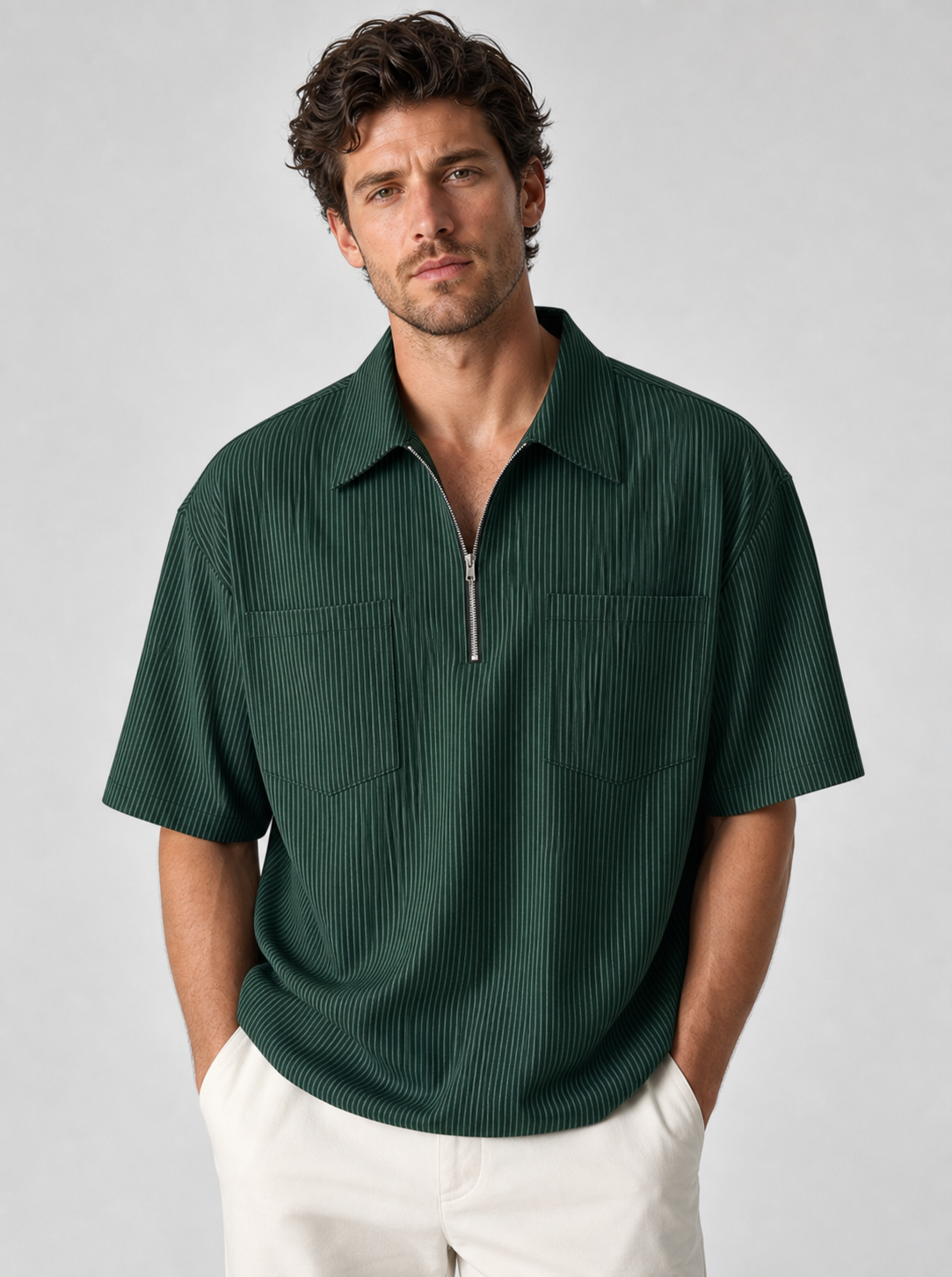 Green men's striped quarter zip shirt
