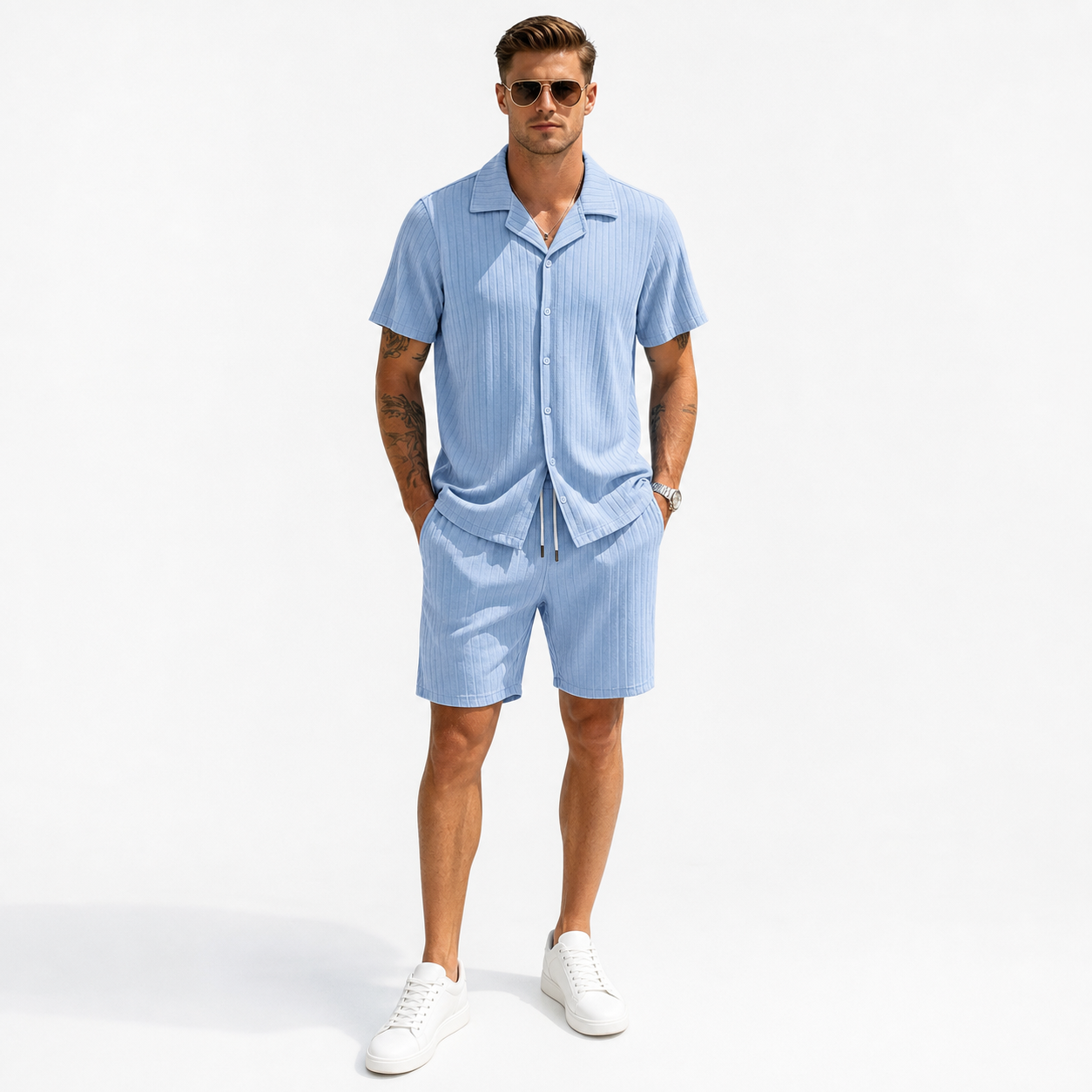 Light Blue men's ribbed shirt and shorts set