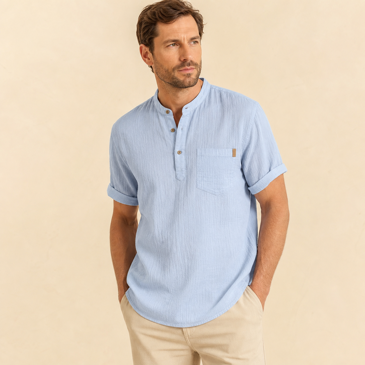 Light Blue men's short sleeve band collar pocket henley shirt